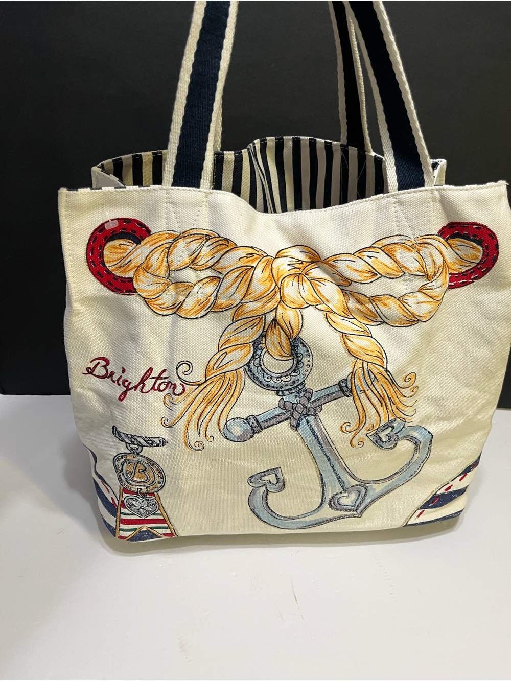 Brighton Cream Canvas Tote with Navy Accents and Red Details
